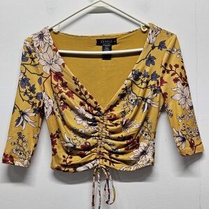 Joe & Elle Mustard Yellow Floral Ruched Crop Top V-Neck Size S Cottage Festival